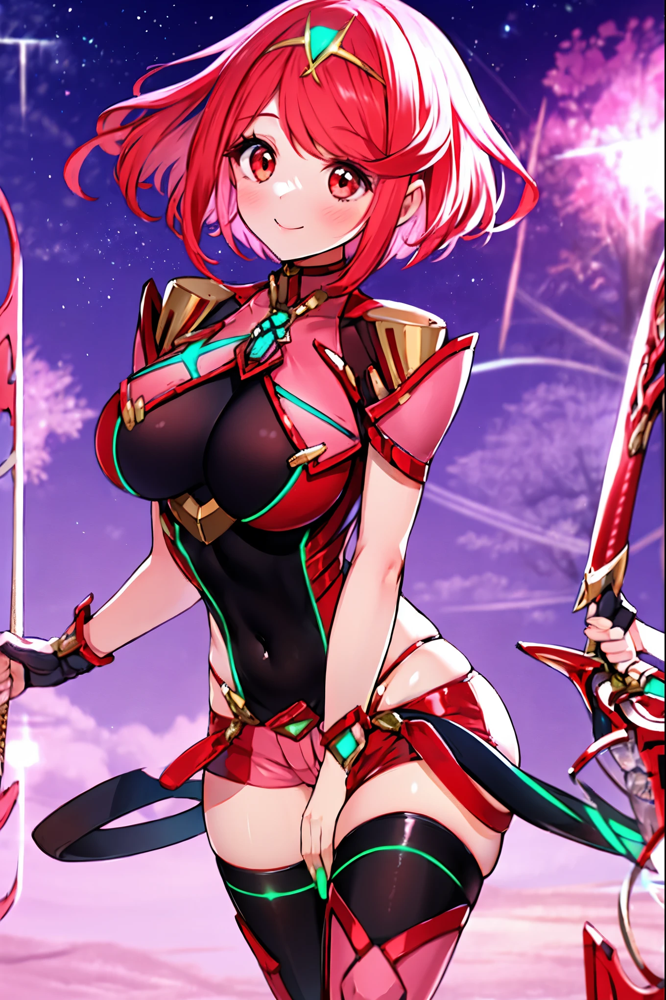 pyra \(xenoblade\), teen_1girl, ****, bangs, black gloves, breasts, red eyes, shout, earrings, eyelashes, fingerless gloves, floating hair, , gem, gloves, hair ornament, headpiece, jewelry, big_breasts, leaning back, swimsuit, neon trim, official art, pose, red hair, saitou masatsugu, short hair, sidelocks, skin tight, solo, swept bangs, thighhighs, tiara, fantasy_town_background, underbust, xenoblade chronicles \(series\), (xenoblade chronicles 2), (spread_legs:1.1), fire_effect,dynamic_pose,fighting,light_smile, (plump:1.1), big_ass,huge_sword, hold_large_sword_hilt, covered_nipples, covered_pussy, fists,ponytail,beautiful_fingers,(solo:1.1), bare_shoulder,(shoulder_naked:1.2), nipple_jewel,