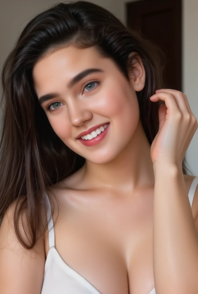 (masterpiece, best quality:1.3), 1girl, Alone, 
Probably she is naked., 
young Jennifer Connelly at age 21, 
with cute face yet with precocious female body,
no make up, flawless pale skin, 
joyful smile,
plump cheeks, 
scooped nose arched high with a turned-up tip,
large blreasts, deep cleavage, broad shoulders, 
wet long dark hair,
under bright natural light illuminating on her face,
oiled shine skin,
she closes eyes with mouth opened as if ecstasy,
she us in a hotel room.,

(Browse:-2), Face correction///Put on some clothes, (Faithfully reproduce image details1.37), (１Beautiful woman), 20 years old, (Best quality calibration:1.21), 32K resolution, (Practical:1.21), (超Practical:1.21), High resolution UHD, (masterpiece:1.21), (Quality Improvement:1.21), (Very nice facial details), (Perfect Anatomy:1.21), Physically Based Rendering, Ray Tracing, (Highest quality real texture skin:1.21), (Symmetrical and detailed eyes:1.21), Delicate eyelashes_eyebrow, (Clear f(masterpiece, best quality:1.3), 1girl, Alone, 
Probably she is naked., 
young Jennifer Connelly at age 21, 
with cute face yet with precocious female body,
no make up, flawless pale skin, 
joyful smile,
plump cheeks, 
scooped nose arched high with a turned-up tip,
large blreasts, deep cleavage, broad shoulders, 
wet long dark hair,
under bright natural light illuminating on her face,
oiled shine skin,
she closes eyes with mouth opened as if ecstasy,
she us in a hotel room.,

(Browse:-2), Face correction///Put on some clothes, (Faithfully reproduce image details1.37), (１Beautiful woman), 20 years old, (Best quality calibration:1.21), 32K resolution, (Practical:1.21), (超Practical:1.21), High resolution UHD, (masterpiece:1.21), (Quality Improvement:1.21), (Very nice facial details), (Perfect Anatomy:1.21), Physically Based Rendering, Ray Tracing, (Highest quality real texture skin:1.21), (Symmetrical and detailed eyes:1.21), Delicate eyelashes_eyebrow, (Clear focus), Professional movie lighting,  Browse:-2,口を開ける, 