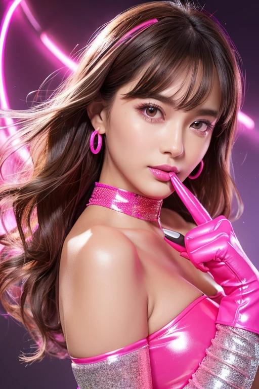 nsfw、sexy stylish female idol、glossy lipstick、smiling face、defined eyebrows、ultra detailed vivid makeup、eyelashes、full body Esbian、sheer latex dress(neon fuchsia)、Colorful hair