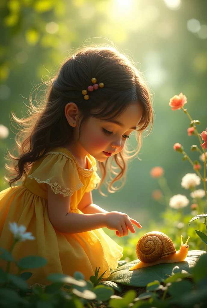 A girl found and gold acorn in a beautiful meadow