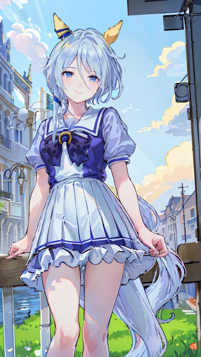 masterpiece,  top quality,  high definition ,  very detailed , delicate(((KS Miracle))), (((Horse Girl))), (((White underwear。))), (((smile))), (((Bare legs))), ((( punch))), (((Outdoor))), (((Around town))), (((Electric pole))), ((( standing))), (((window))), (((blue sky))), (((smile))), ((Winter clothes))), ((( miniskirt)))