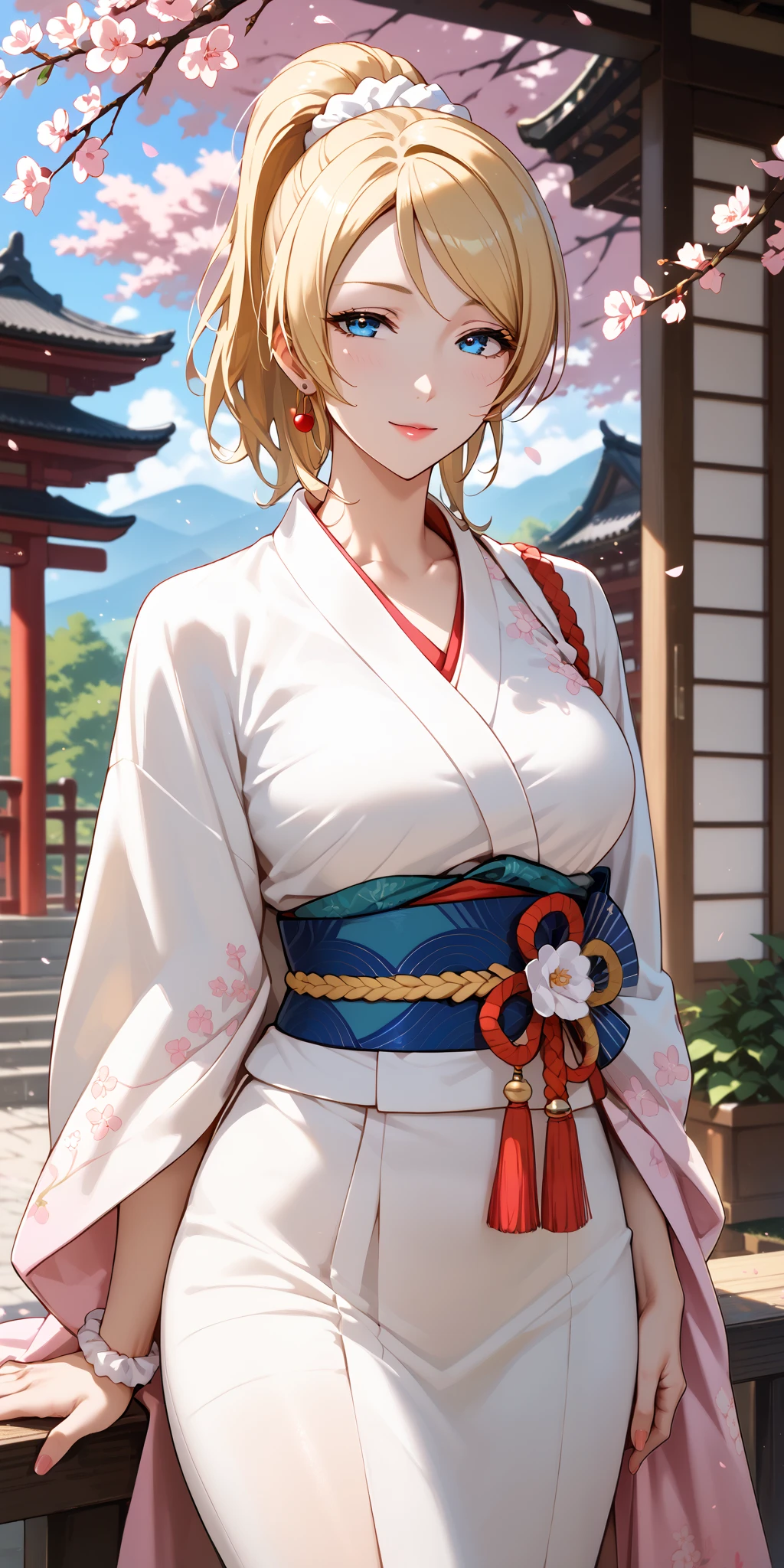 Score_9, Score_8_up, Score_7_up, Source_anime, anime art, anime style, very aesthetic, masterpiece, high quality, 1girl, seductive mature woman, milf, curvaceous, lovelive_eli, kimono, blonde hair, swept bangs, ponytail, white scrunchie, blue eyes, cherry blossom