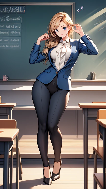   high definition   、  top quality，masterpiece 、  one beautiful woman inside the aquarium building  、２6 years old、  school teacher  、 blonde alone 、  blue eyes、Navy Suit、  school classroom、   cute pose  、  blackboard  、smile、(( Full body pose ))、(( Beautiful buttocks women))