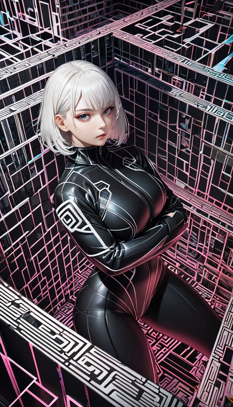  beautiful woman, Eye Catching Eyes , Shiny, silky, ivory short hair,   amorous and lewd expression  , makeup,  wear a seamless black cyberpunk combat rubber suit with a maze design, Perfect Proportions,   delicate and dynamic texture  ,   contrast between light and shadow  , 2.5D,  artistic photo ,  surrenders,  graphic CG digital art ,  super detailed, Exquisite Resolution ,  top quality, Background Floating, Biotechnology, Maze pattern to be published, Huge room with power cable connected to analyzer , Research Room, pink々Stained glass shatters,  conceptual installation art, Acrylic Painting, Tall and beautiful works of art