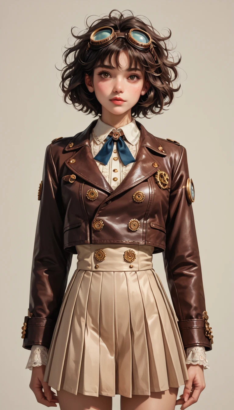 score_9, score_8_up, score_7_up, score_6_up, photograph,  realism, photographrealistic,  steampunk mechanic girl ,  perfectly detailed face , ( have :0.8), goggles,  steampunk beige leather double breasted jacket,  beige tweed fabric pleated skirt , (leather boots :0.8),  intricate brass accessories . masterpiece, illustrated,  high definition, Industrial Background,  retro futuristic ,(( perfect face)),  beautiful face, short hair, Perfect Proportions ,  sexy、 painted in great detail ,  Harmonious Colors, Shallow focus,  double eyelids , messy hair standing in the way,  , Healthy women,  sexy ,Tight outfit、 Bold Poses