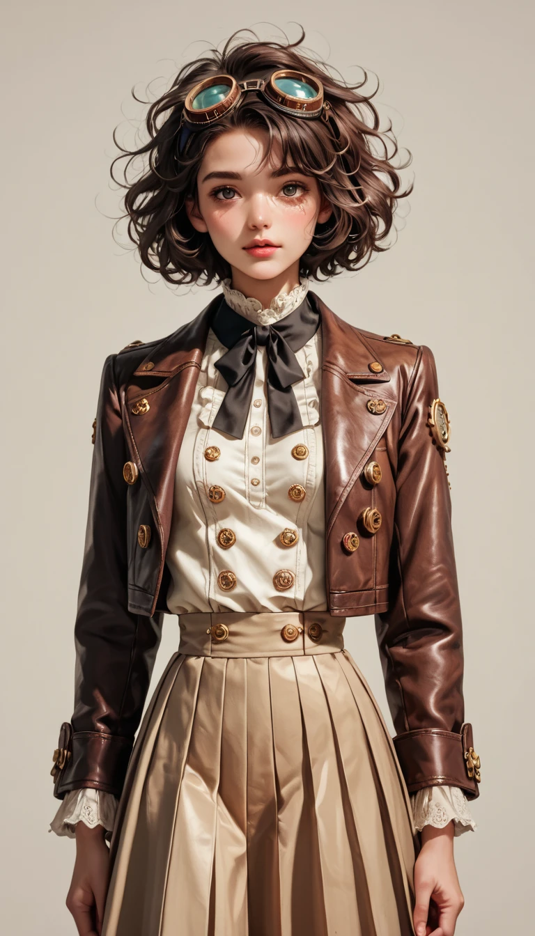 score_9, score_8_up, score_7_up, score_6_up, photograph,  realism, photographrealistic,  steampunk mechanic girl ,  perfectly detailed face , ( have :0.8), goggles,  steampunk beige leather double breasted jacket,  beige tweed fabric pleated skirt , (leather boots :0.8),  intricate brass accessories . masterpiece, illustrated,  high definition, Industrial Background,  retro futuristic ,(( perfect face)),  beautiful face, short hair, Perfect Proportions ,  sexy、 painted in great detail ,  Harmonious Colors, Shallow focus,  double eyelids , messy hair standing in the way,  , Healthy women,  sexy ,Tight outfit、 Bold Poses