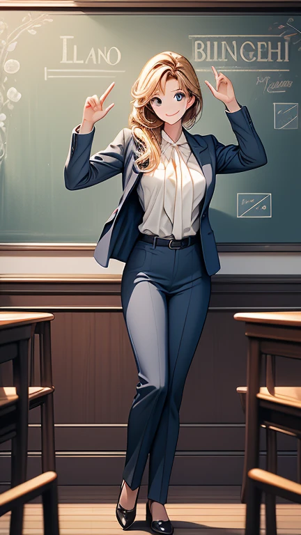 masterpiece 、   high definition   、  top quality， one beautiful woman inside the aquarium building  、２7 years old、  school teacher  、 blonde alone 、  blue eyes、Navy Suit、  school classroom、   cute pose  、  blackboard  、smile、(( Full body pose ))、(( Beautiful woman))