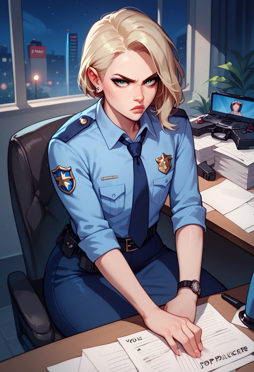 Femboy, old huter uniform, gun in hand's, sitting, writing in papers, in police office, night, serious expression