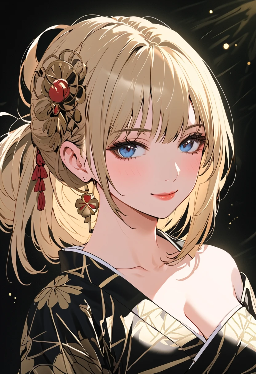 Beautiful flirtatiously smiling, a very busty ronin wearing gold lace kimono, Meiji restoration, blue eyes, focused on the viewer, yojimbo, cleavage, off the shoulders, large breasts, large anime eyes, highly detailed eyes, natural skin, natural skin texture, subsurface scattering, muted colors, skin pores, perfect face, perfect eyes, perfect full lips, supple female form, vivid, cinematic, Film light, masterpiece, atmospheric, High resolution, Vibrant, High contrast, dark angle, 500px, kneeling on a mat in a shoin zukuri style house, full body, anime cover, girl, solo, mature female,yoimiya, bangs, blonde hair, hair ornament, hair between eyes, ponytail, sidelocks, orange eyes, light brown hair,(negative_v2 Color_Balance_Calibration:0.8), unaestheticXL_cbp62 , negativeXL_D, whole body shot, full body, (negative_v2 Color_Balance_Calibration:0.8), unaestheticXL_cbp62 , negativeXL_D
