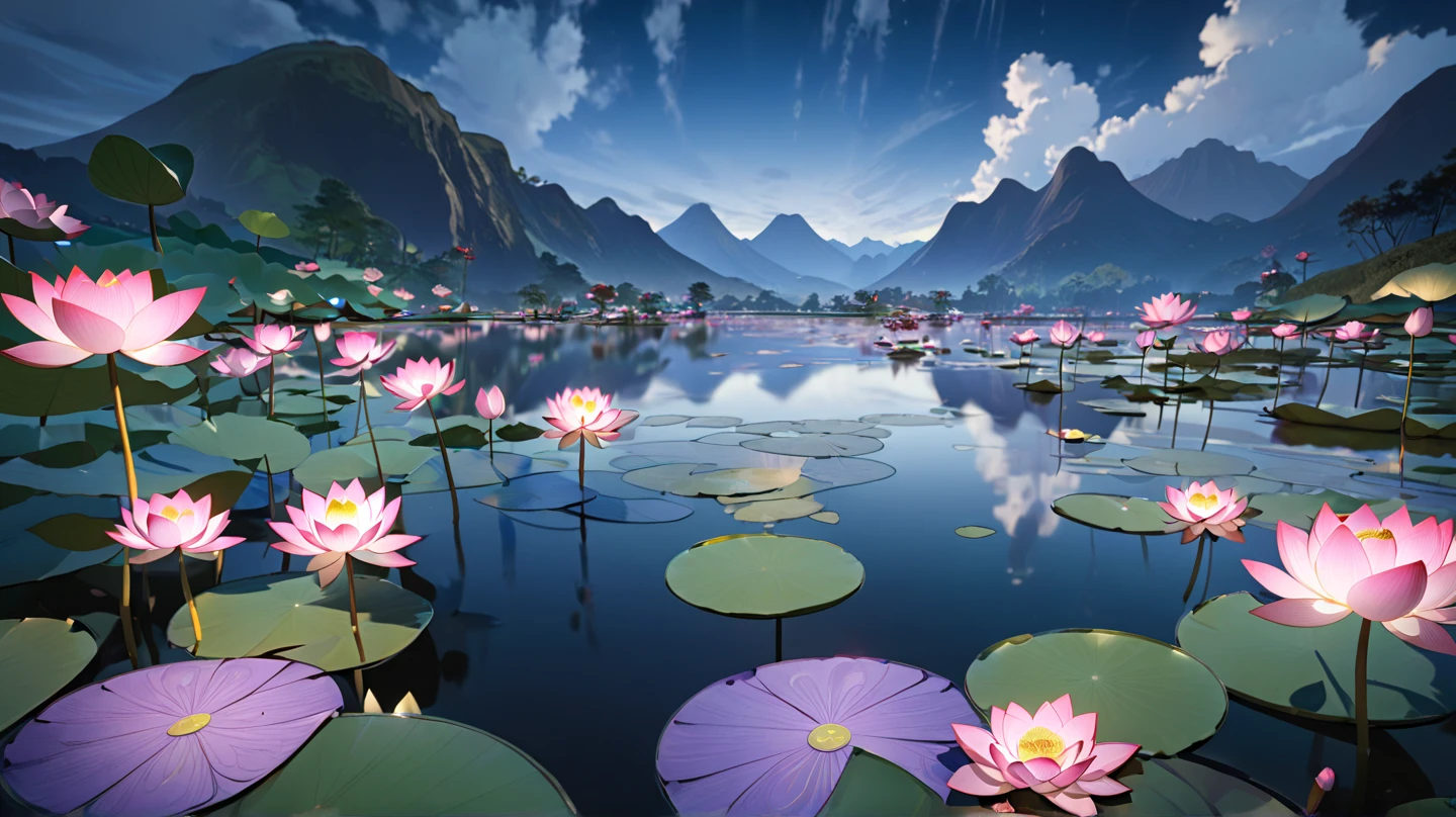 3D Spatial,Lotus flower,The waterside where water lilies are in full bloom,There is a gentle untouched mountain in the back々,Time is night,