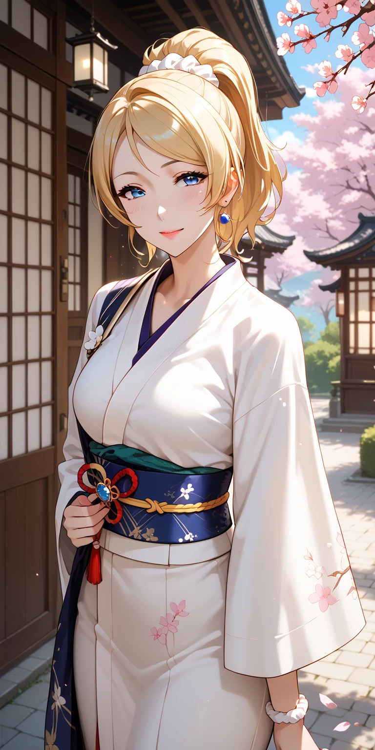 Score_9, Score_8_up, Score_7_up, Source_anime, anime art, anime style, very aesthetic, masterpiece, high quality, 1girl, seductive mature woman, milf, curvaceous, lovelive_eli, kimono, blonde hair, swept bangs, ponytail, white scrunchie, blue eyes, cherry blossom