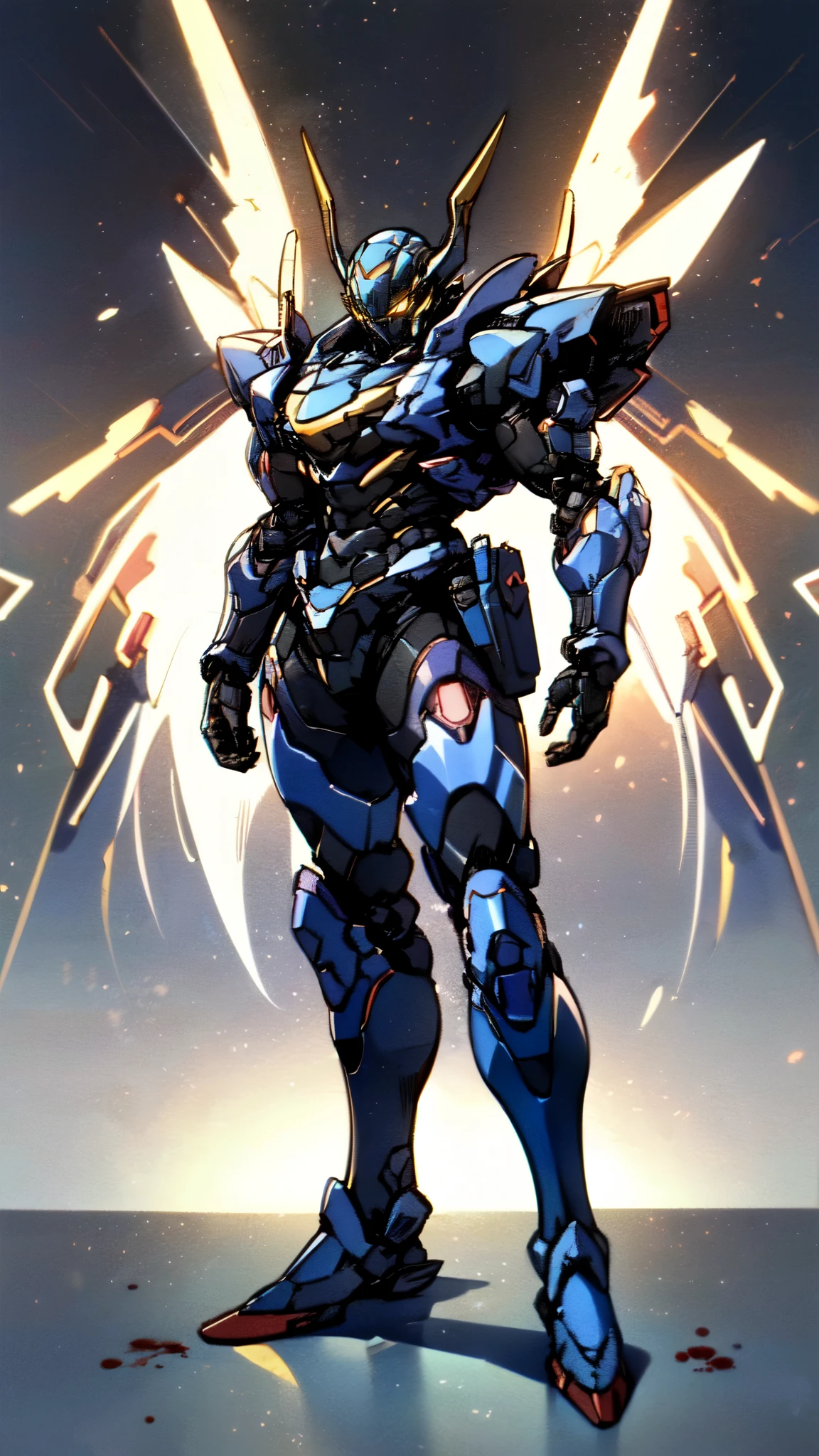 (masterpiece:1.5, best quality:1.5, extremely delicate:1.5), ((male:1.5)), a man wearing a full-face helmet, high-tech biomimetic armored combat suit, (a composite layered chest armor), the design balances heavy with agility, fully enclosed shoulder guards, matching arm and leg guards, a belt of gemstone, (the color scheme is primarily Yellow with Red and Purple accents, Organic Biotech, Concept Inspired by Vampire, glowing eyes, armor glows, huge cloak like devil wings, blood), stand of a futuristic sci-fi city, this character embodies a finely crafted fantasy-style armored hero in anime style, exquisite and mature art style, metallic, high definition, highres, ultra-detailed, ultra-fine painting, professional, perfect body proportions, golden ratio, anatomically correct, symmetrical face, extremely detailed eyes and face, high quality eyes, creativity, RAW photo, UHD, 32k, Natural light, cinematic lighting, (masterpiece-anatomy-perfect:1.2)