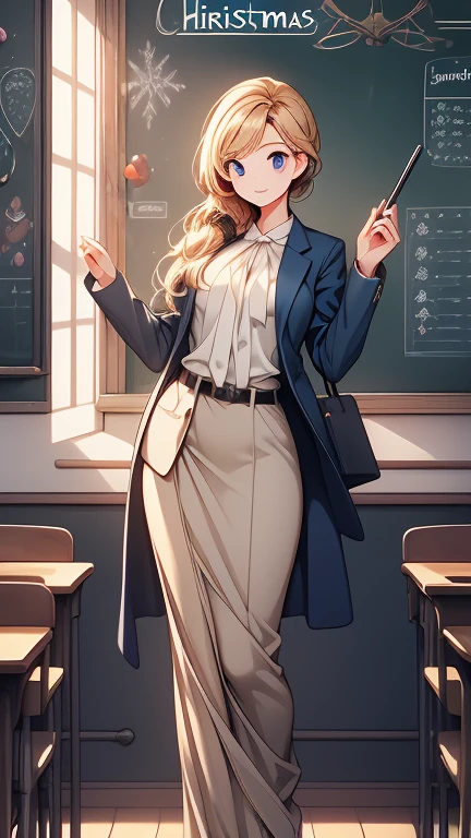  christmas illustration，masterpiece 、   high definition   、  top quality， one beautiful woman inside the aquarium building  、２7 years old、  school teacher  、 blonde alone 、  blue eyes、Navy Suit、  school classroom、   cute face 、  blackboard  、smile、(( Full body pose ))、(( Beautiful woman))