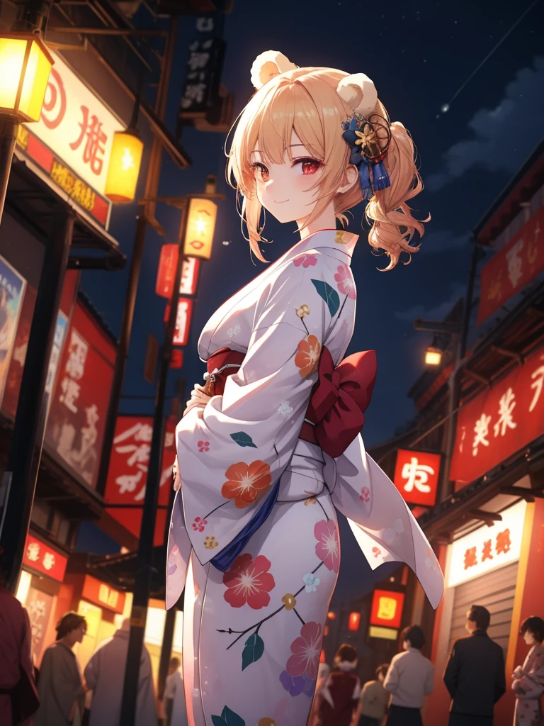 darkfantasy.DREAM.Global Illumination.Taisho period. Kabukicho.night.side angle.and.
((White bear ear:1.0)).
White long hairstyle:18yo-solo.beautiful.red eye.half eye.busty.
smile.Standing with arms crossed.Gorgeous yukata.
muscular male.