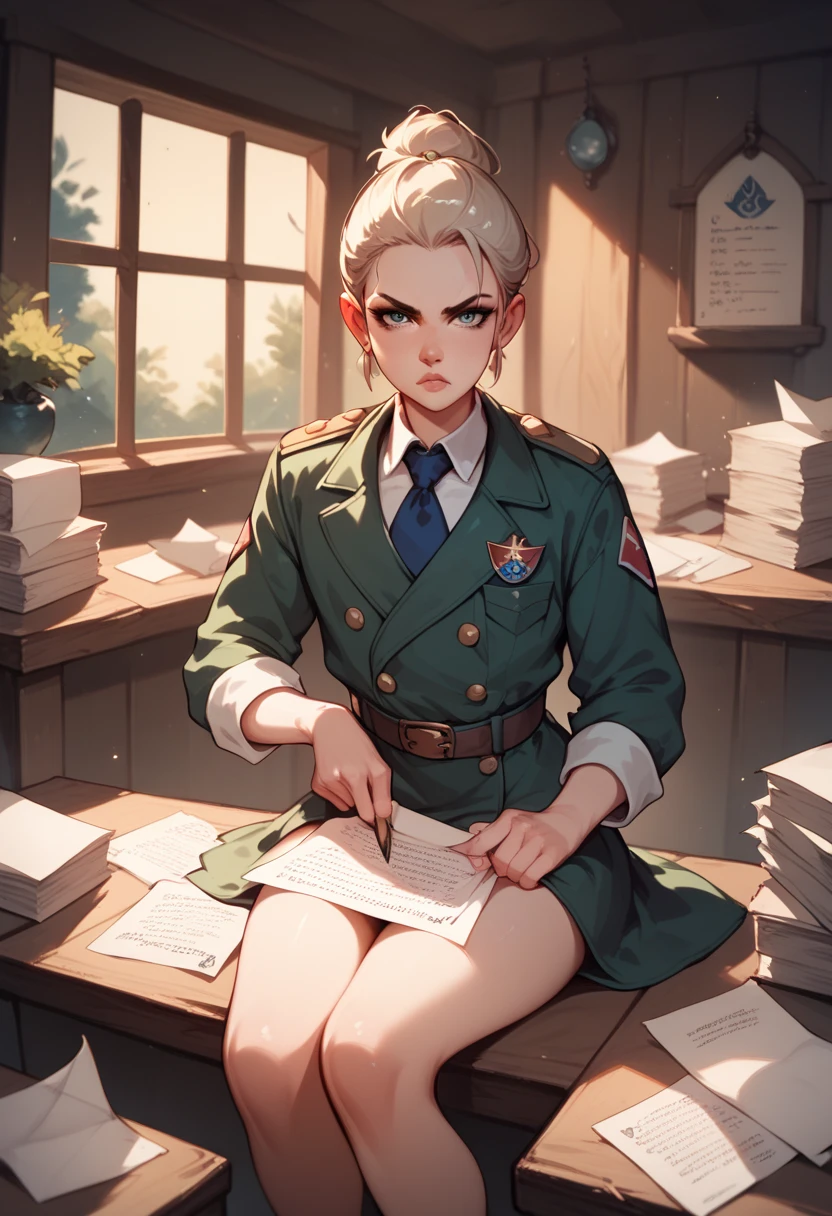 Femboy, old huter uniform, sitting, writing in papers, in hunter house, night, serious expression