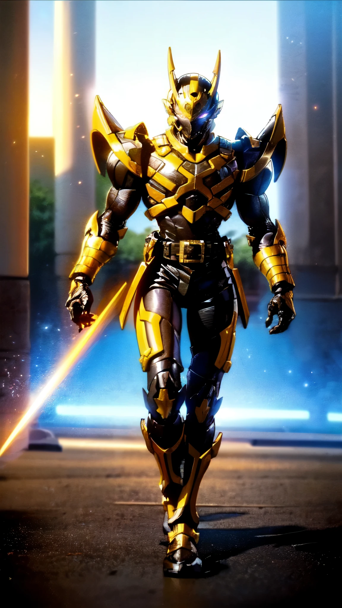 (masterpiece:1.5, best quality:1.5, extremely delicate:1.5), ((male:1.5)), a man wearing a full-face helmet, high-tech biomimetic armored combat suit, (a composite layered chest armor), the design balances heavy with agility, fully enclosed shoulder guards, matching arm and leg guards, a belt of gemstone, (the color scheme is primarily Yellow with Red and Purple accents, Organic Biotech, Concept Inspired by Vampire, glowing eyes, armor glows, huge cloak like devil wings, blood), stand of a futuristic sci-fi city, this character embodies a finely crafted fantasy-style armored hero in anime style, exquisite and mature art style, metallic, high definition, highres, ultra-detailed, ultra-fine painting, professional, perfect body proportions, golden ratio, anatomically correct, symmetrical face, extremely detailed eyes and face, high quality eyes, creativity, RAW photo, UHD, 32k, Natural light, cinematic lighting, (masterpiece-anatomy-perfect:1.2)