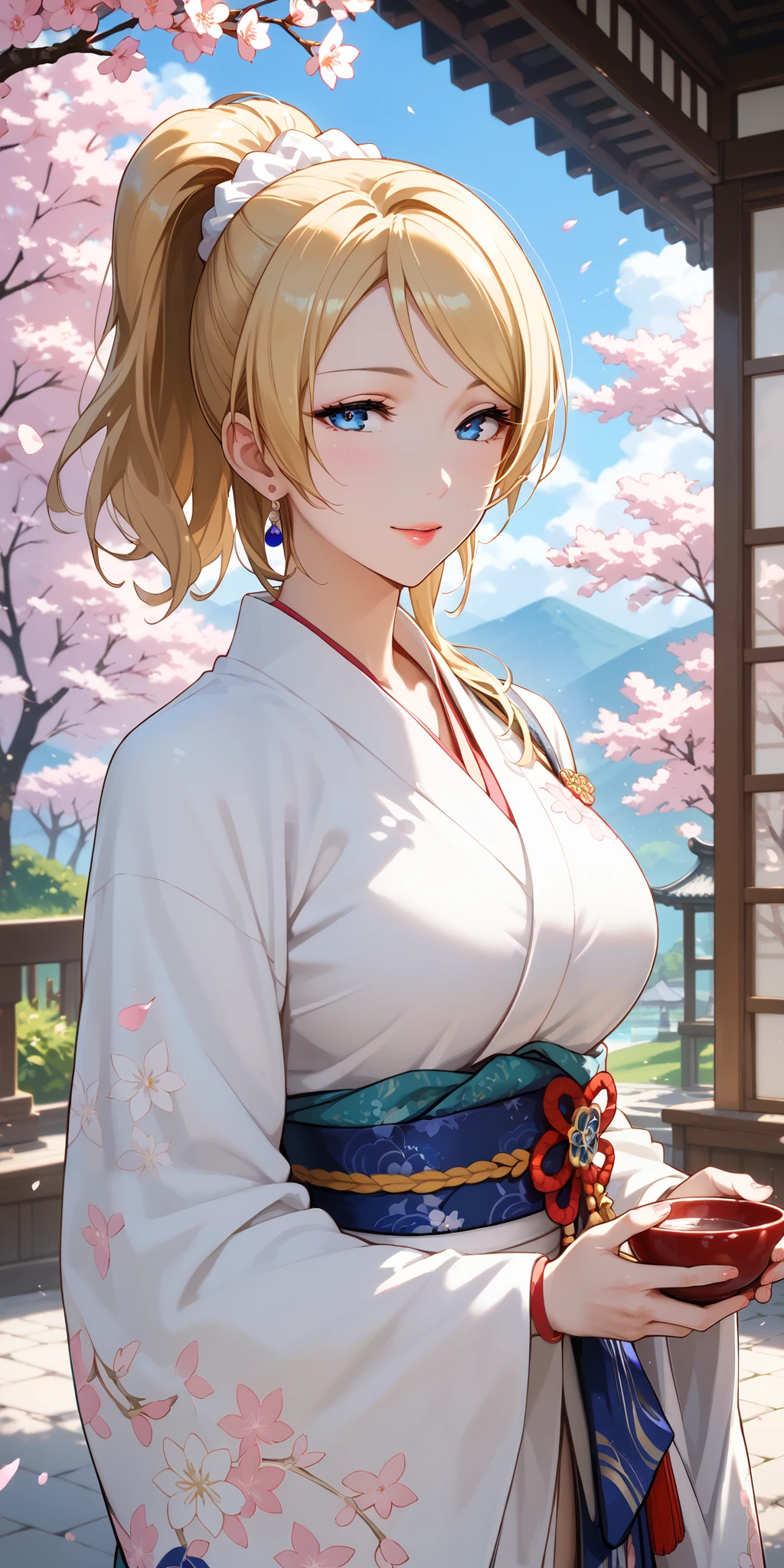 Score_9, Score_8_up, Score_7_up, Source_anime, anime art, anime style, very aesthetic, masterpiece, high quality, 1girl, seductive mature woman, milf, curvaceous, lovelive_eli, kimono, blonde hair, swept bangs, ponytail, white scrunchie, blue eyes, cherry blossom