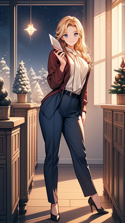  Christmas Winter Scenery ， christmas illustration，masterpiece 、   high definition   、  top quality， Details， one beautiful woman inside the aquarium building  、２7 years old、  school teacher  、 blonde alone 、  blue eyes、Navy Suit、  school classroom、   cute face 、  blackboard  、smile、(( Full body pose ))、(( Beautiful woman))