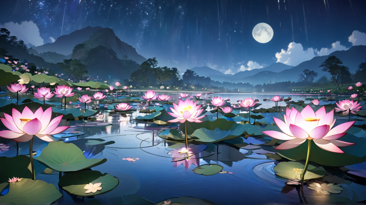 3D Spatial,Lotus flowers are blooming all over ,The waterside where water lilies are in full bloom,There is a gentle untouched mountain in the back々,Time is night, beautifully illuminated by moonlight,star々A twinkling ,