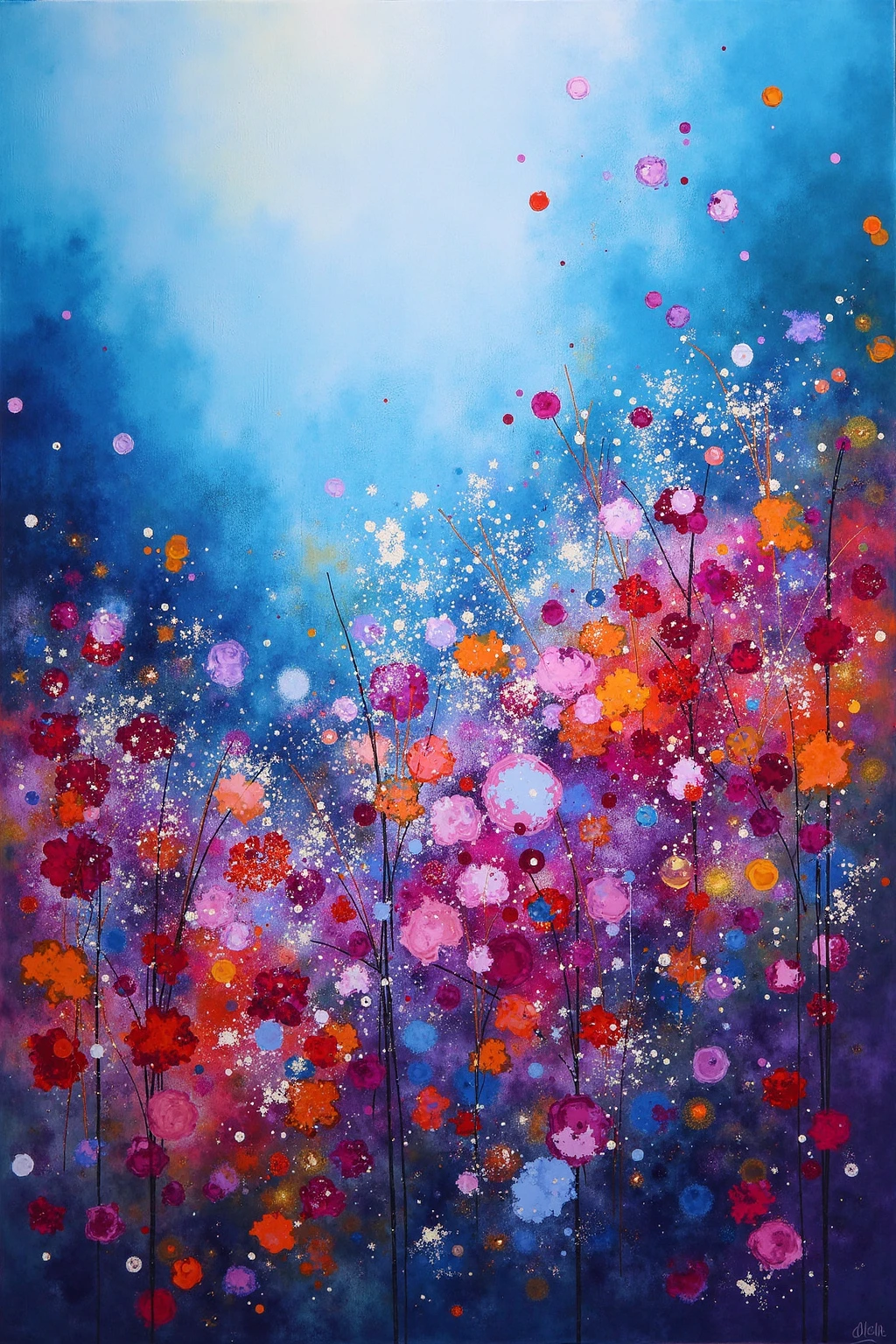 Design an abstract oil painting that illustrates a sea of wild flowers in blue, purple, red and orange