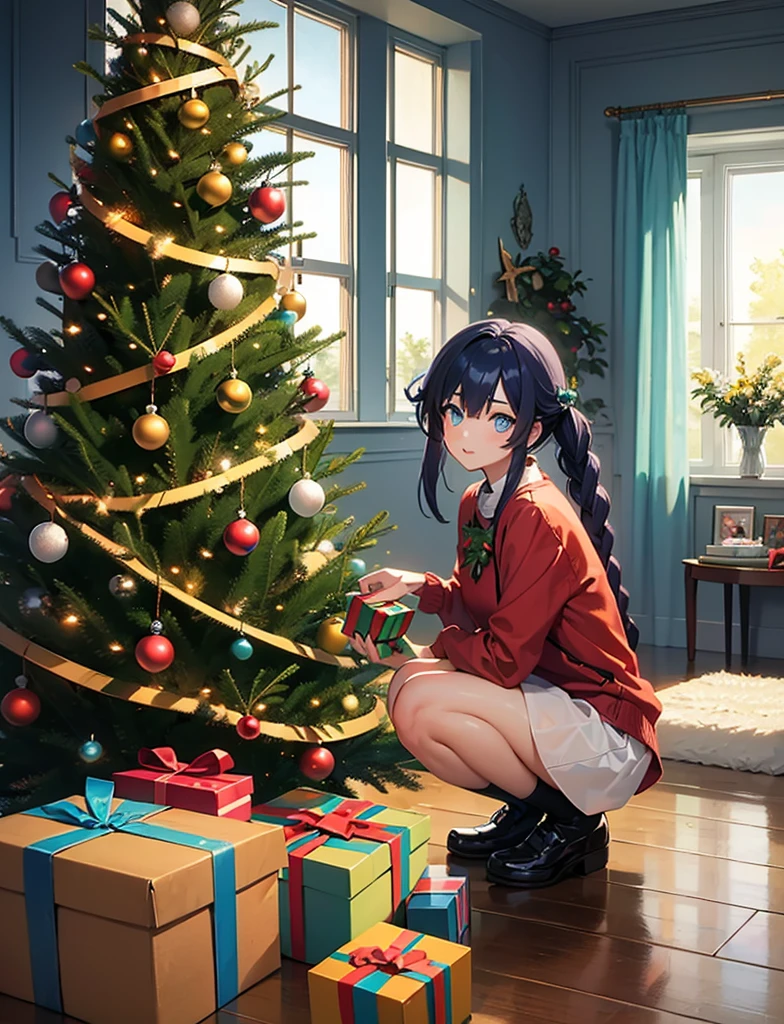 1girl, solo, anime, decorating christmas tree, christmas tree, christmas decoration, christmas ornaments, christmas lights, living room, indoors