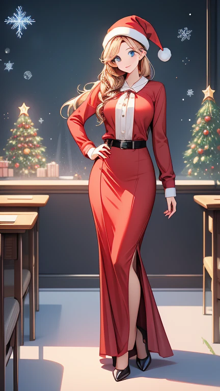  Christmas Winter Scenery ， christmas illustration，masterpiece 、   high definition   、  top quality， Details， one beautiful woman inside the aquarium building  、２7 years old、  school teacher  、 blonde alone 、  blue eyes、 Santa Claus costume、  school classroom、   cute face 、  blackboard  、smile、(( Full body pose ))、(( Beautiful woman))