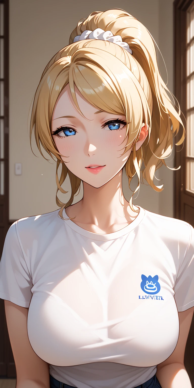 Score_9, Score_8_up, Score_7_up, Source_anime, anime art, anime style, very aesthetic, masterpiece, high quality, 1girl, seductive mature woman, milf, curvaceous, lovelive_eli, blonde hair, swept bangs, ponytail, white scrunchie, blue eyes, batik shirt