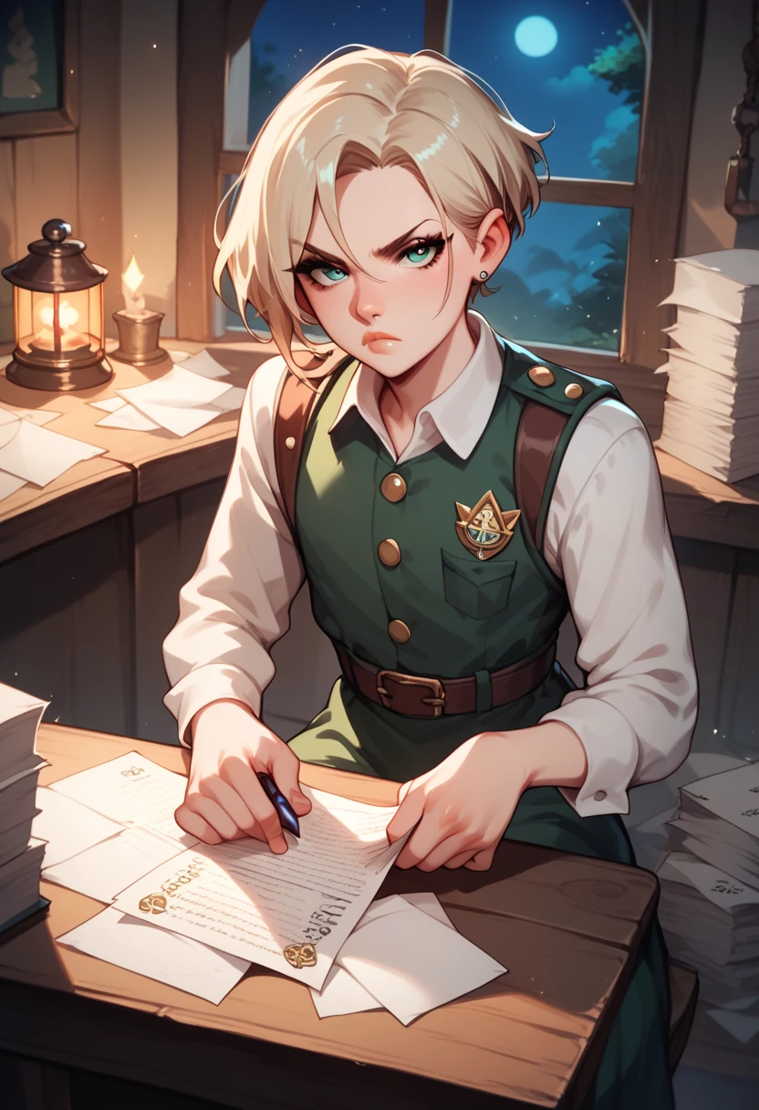 Femboy, old huter uniform, sitting, writing in papers, in hunter house, night, serious expression, kare hair style