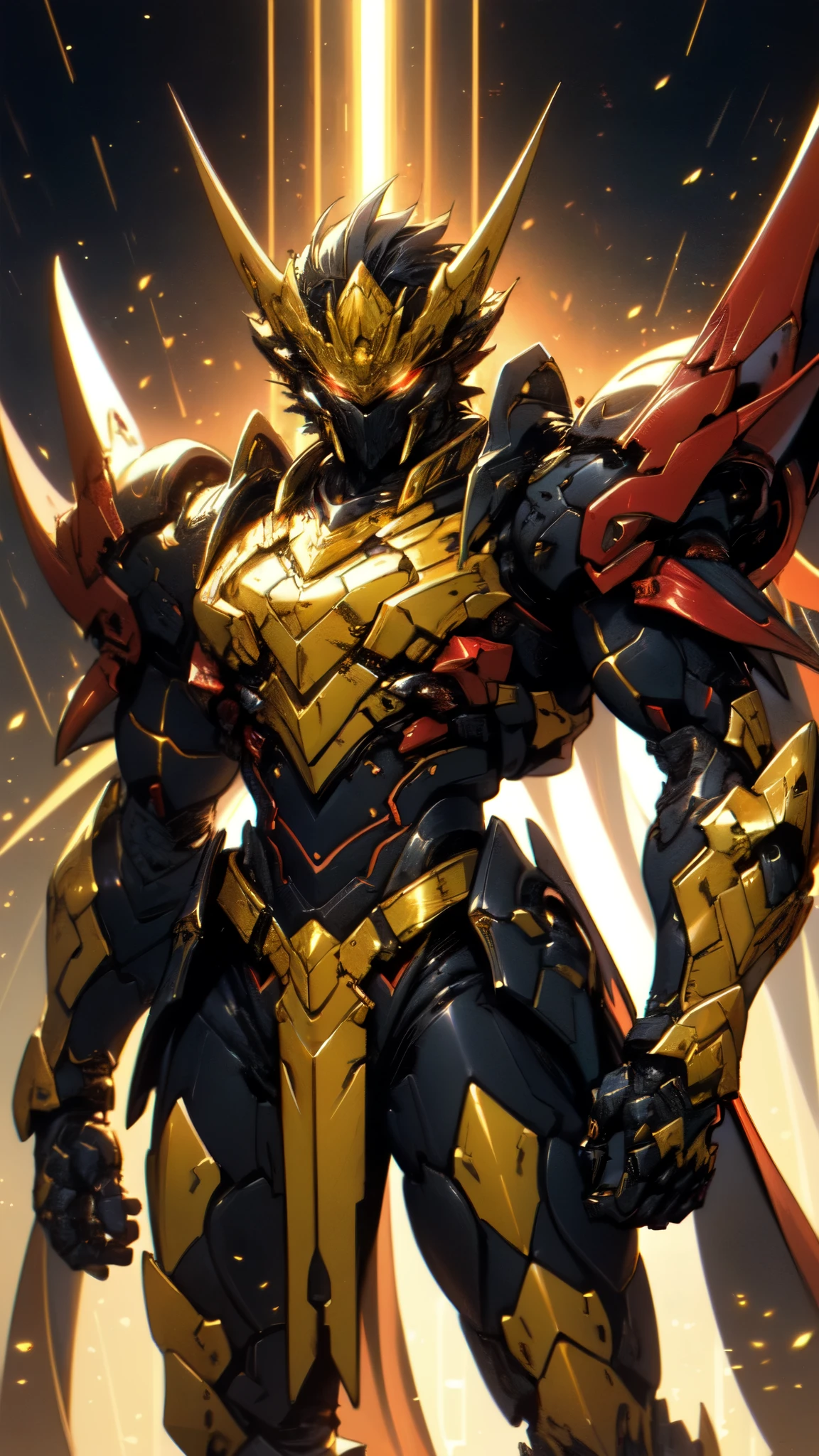 (masterpiece:1.5, best quality:1.5, extremely delicate:1.5), ((male:1.5)), a man wearing a full-face helmet, high-tech biomimetic armored combat suit, (a composite layered chest armor), the design balances heavy with agility, fully enclosed shoulder guards, matching arm and leg guards, a belt of gemstone, (the color scheme is primarily Yellow with Red and Purple accents, Organic Biotech, Concept Inspired by Vampire, glowing eyes, armor glows, huge cloak like devil wings, blood), stand of a futuristic sci-fi city, this character embodies a finely crafted fantasy-style armored hero in anime style, exquisite and mature art style, metallic, high definition, highres, ultra-detailed, ultra-fine painting, professional, perfect body proportions, golden ratio, anatomically correct, symmetrical face, extremely detailed eyes and face, high quality eyes, creativity, RAW photo, UHD, 32k, Natural light, cinematic lighting, (masterpiece-anatomy-perfect:1.2)