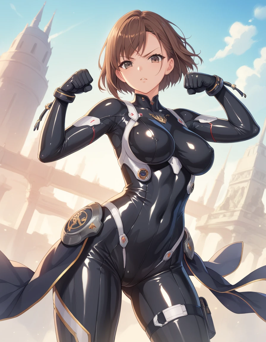 (( top quality)), ((masterpiece)), ( Details),anime, girl, sexy,エロチック,Straight face, Shiny Latex Suit,Futuristic Suit,Armor, gauntlet ,All-black costume,Brown Hair, short hair,Clothing, fist pose , battle pose,