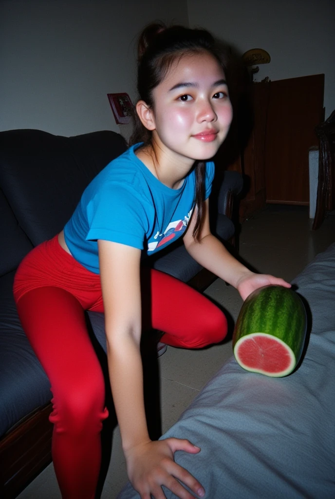 a beautiful Indonesian woman 19 years old,  wearing a blue t-shirt and red panties , busty big boobs and big ass , pony tail hair ,  is sitting on the couch while carrying a cut watermelon,  set in a simple living room , Low light,  noise , Grain, night.