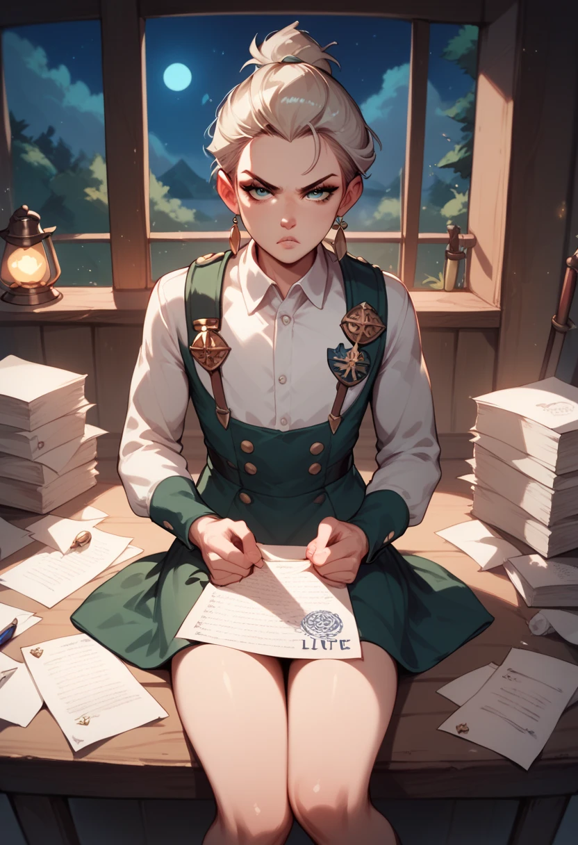 Femboy, old huter uniform, sitting, writing in papers, in hunter house, night, serious expression