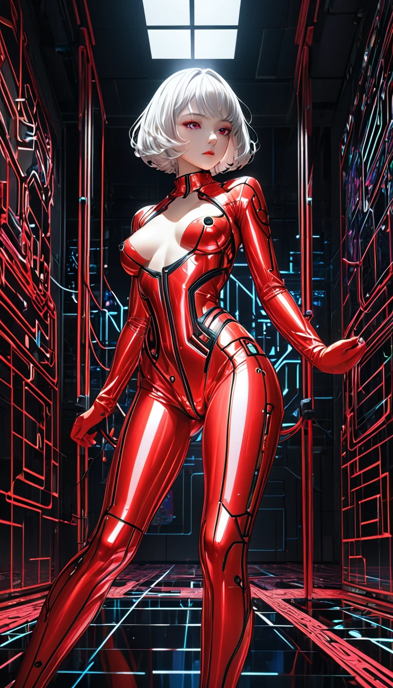  beautiful woman, Eye Catching Eyes , Shiny, silky, ivory short hair,   amorous and lewd expression  , Sexy Suit You Can See Your Nipples Standing 、 makeup,  Neon Line Seamless Cyberpunk Design 、（ Wear a Metallic Red Cyberpunk Combat Rubber Suit Sexy Rubber Suit）, Perfect Proportions,   delicate and dynamic texture  ,   contrast between light and shadow  , 2.5D,  artistic photo ,  surrenders,  graphic CG digital art ,  super detailed, Exquisite Resolution ,  top quality, Background Floating, Biotechnology, Maze pattern to be published, Huge room with power cable connected to analyzer , Research Room, pink々Stained glass shatters,  Conceptual Installation Art , Acrylic Painting, Tall and beautiful works of art、Sexy Poses Are Cool 