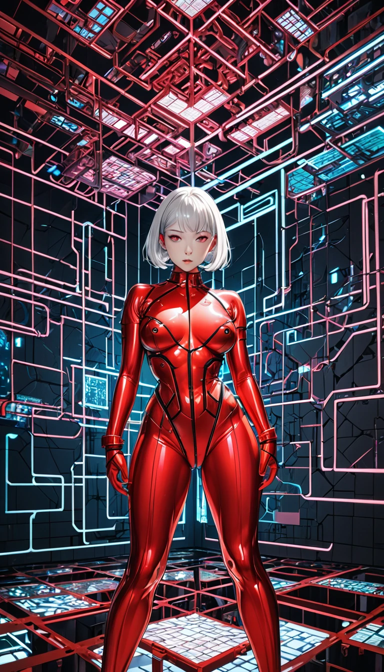  beautiful woman, Eye Catching Eyes , Shiny, silky, ivory short hair,   amorous and lewd expression  , Sexy Suit You Can See Your Nipples Standing 、 makeup,  Neon Line Seamless Cyberpunk Design 、（ Wear a Metallic Red Cyberpunk Combat Rubber Suit Sexy Rubber Suit）, Perfect Proportions,   delicate and dynamic texture  ,   contrast between light and shadow  , 2.5D,  artistic photo ,  surrenders,  graphic CG digital art ,  super detailed, Exquisite Resolution ,  top quality, Background Floating, Biotechnology, Maze pattern to be published, Huge room with power cable connected to analyzer , Research Room, pink々Stained glass shatters,  Conceptual Installation Art , Acrylic Painting, Tall and beautiful works of art、Sexy Poses Are Cool 