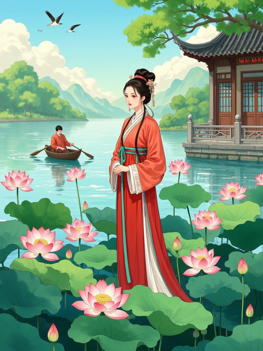 1girl, extra long shot, standing at the center of the image, captured in a full-body shot, dressed in traditional attire, a red Hanfu with white and green decorations on the cuffs and waist. Her hair is styled in a high bun and adorned with hair accessories, giving her an elegant appearance. The woman stands in the foreground, surrounded by blooming pink lotus flowers and green lotus leaves, creating a serene and beautiful atmosphere. Behind her is a body of water with a small boat on it, where a boatman is rowing. In the distant background are rolling green hills and a blue sky. To the right, there is a piece of traditional Chinese architecture, with beautifully designed railings and windows, giving a sense of antiquity. The overall color tone is soft, primarily featuring green, pink, and blue, creating a peaceful and harmonious atmosphere, as if transporting one to an ancient Jiangnan water town with classical charm, illustration