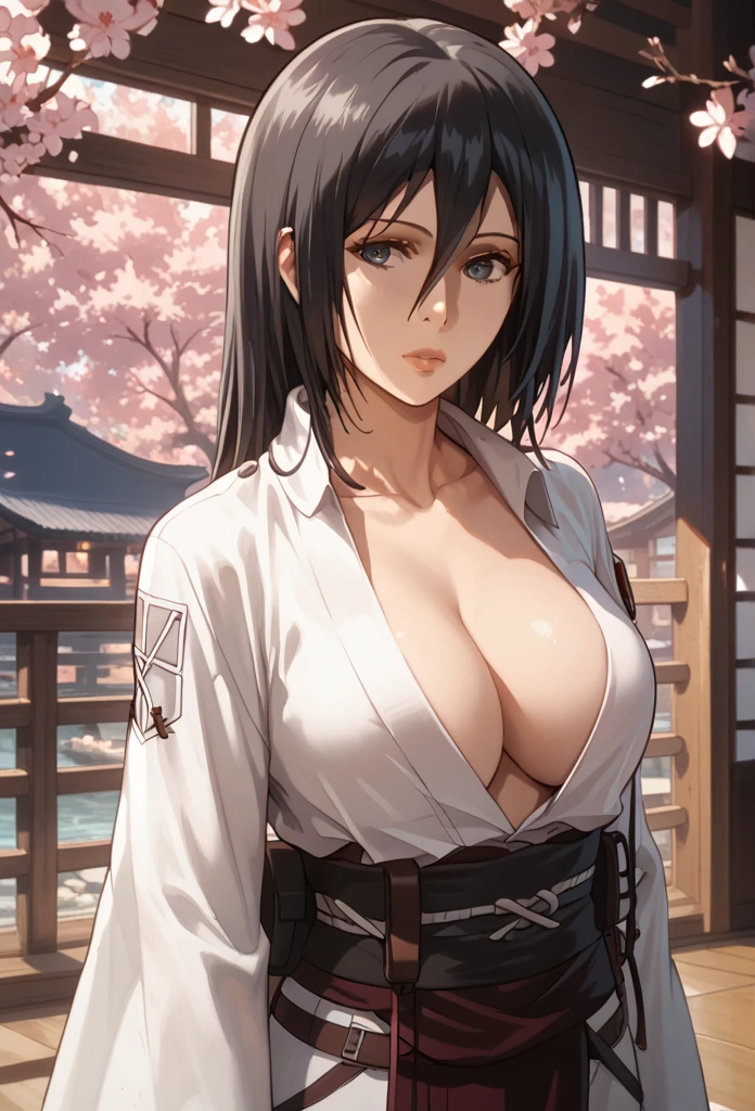 Mikasa Ackerman, 1girl, solo, big breasts, cleavage, long hair, black hair, japanese clothes, white kimono, hoari, sakura trees background, masterpiece, high quality, ultra details, perfect body, nice body, curvy, highly detailed