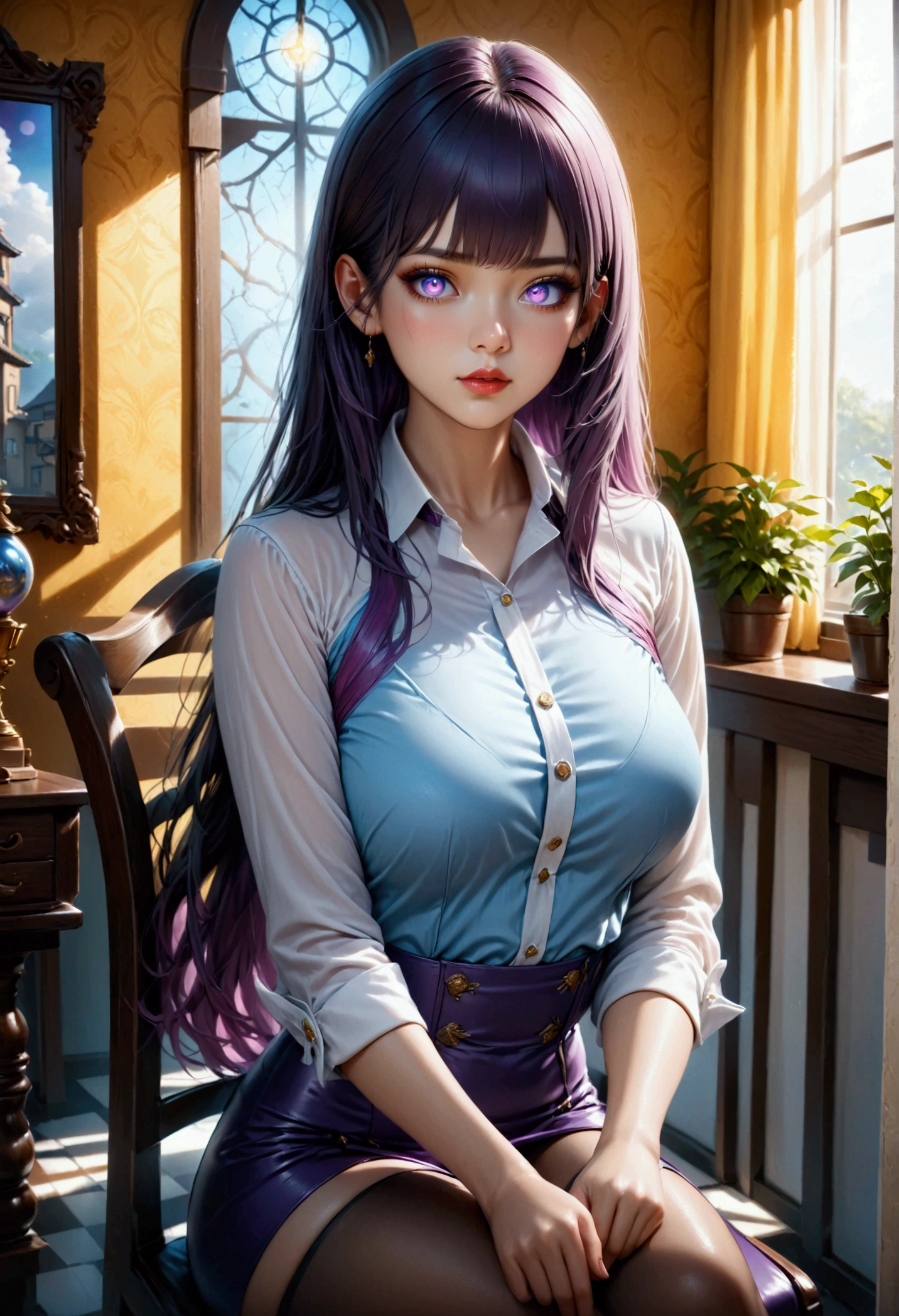 (top-quality、tmasterpiece、high resolution、super high image quality), 1girl, 8K, Rei Himiyama, Amakano, dark purple hair, long hair, straight hair to the waist, perfect figure, 20 years old, F Cup, big butt, green eye, (clear eye white part), black tight office clothes,office desk,dark purple hair