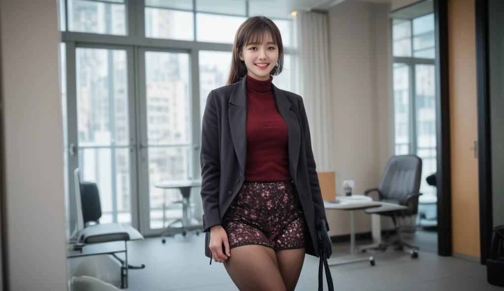 highest quality,Very detailed,finely,High resolution,8k wallpaper,Perfect dynamic composition,Office Lady,whole body,Are standing,knit,turtleneck,stockings,Shedding bangs,finelyて美しい目,Natural Lip,(Saggy big breasts:1.3),smile,