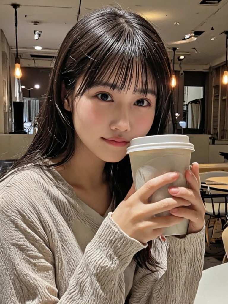 long hair, blur background, Bokeh. she has a drink. White long-sleeved knit. looking at the camera, Detailed and beautiful eyes, Cute smile, A soft and gentle look. She is in a cafe at night. (((ultra highres))),(((extremely detailed))), exceptionally detailed, best quality, 8k resolution, meticulous details, photo-realistic, realistic textures,Perfect big eye, accurate anatomy, ultra HD hair, Beautiful ultra-high definition face, (Beautiful teeth with ultra-high definition depiction:1.1)