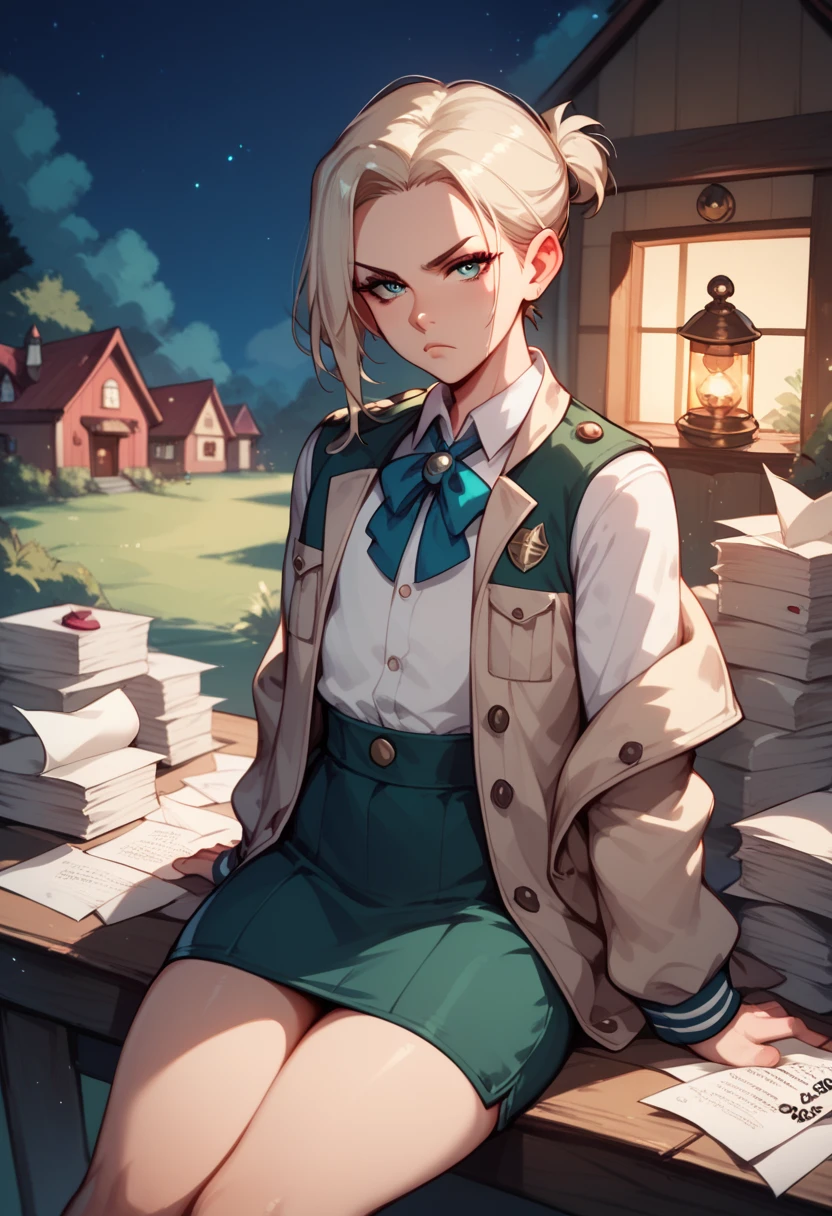 Femboy, old huter uniform (jacket), sitting, writing in papers, in hunter house, night, serious expression