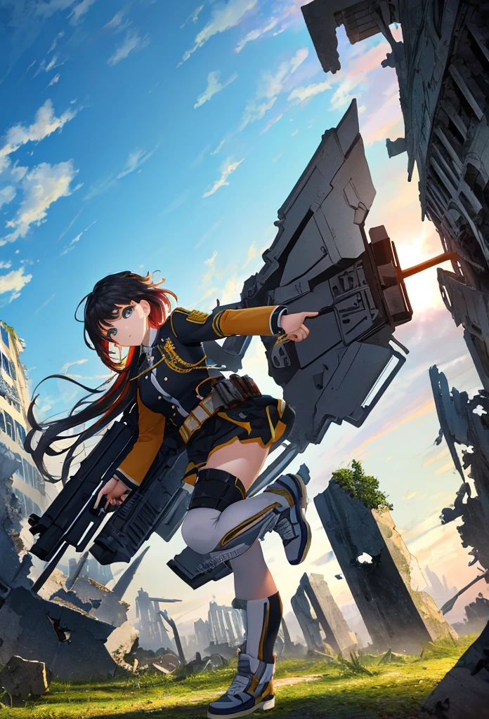 space defense force female anti-air infantry,
long tied up hair,
(standing straight on ground),
too many space ships in stratosphere,
shoot down space mothership with one handed weapon,
mothership was explosion, her hair is blowing in the blast,
(action effects), (motion effects), (impact effects), (dynamic hair),
eyes reflected flames of explosion, from behind, at dusk,
(masterpiece), (best quality), (extremely detailed), (vivid colorful image),
crisp image, sharp image, clear image, vivid image, realistic image, noiseless image,
ultimately detailed background,