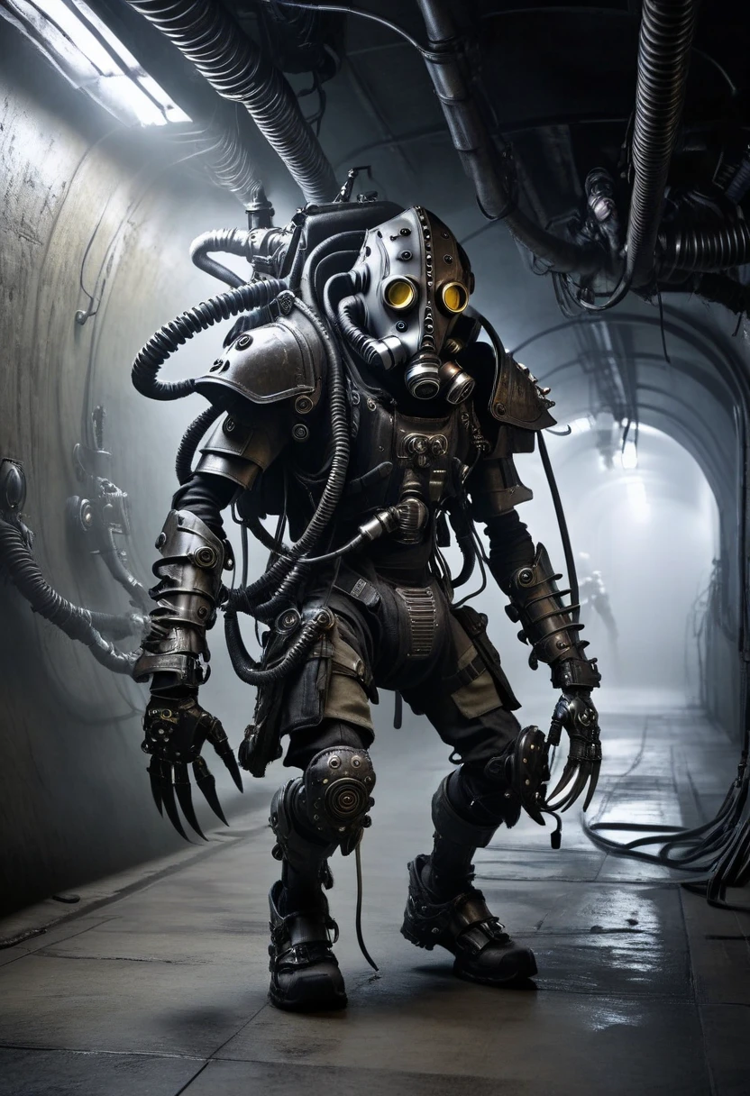 a biomechanical humanoid monster, full body shot, enormous, in the tunnel, gas mask, cables, arm cannon, pikes, mask, armor, weapon turrets, dark, gritty, cyberpunk, moody lighting, cinematic, unreal engine, 8k, photorealistic, highly detailed, hyper-realistic, intricate details, masterpiece