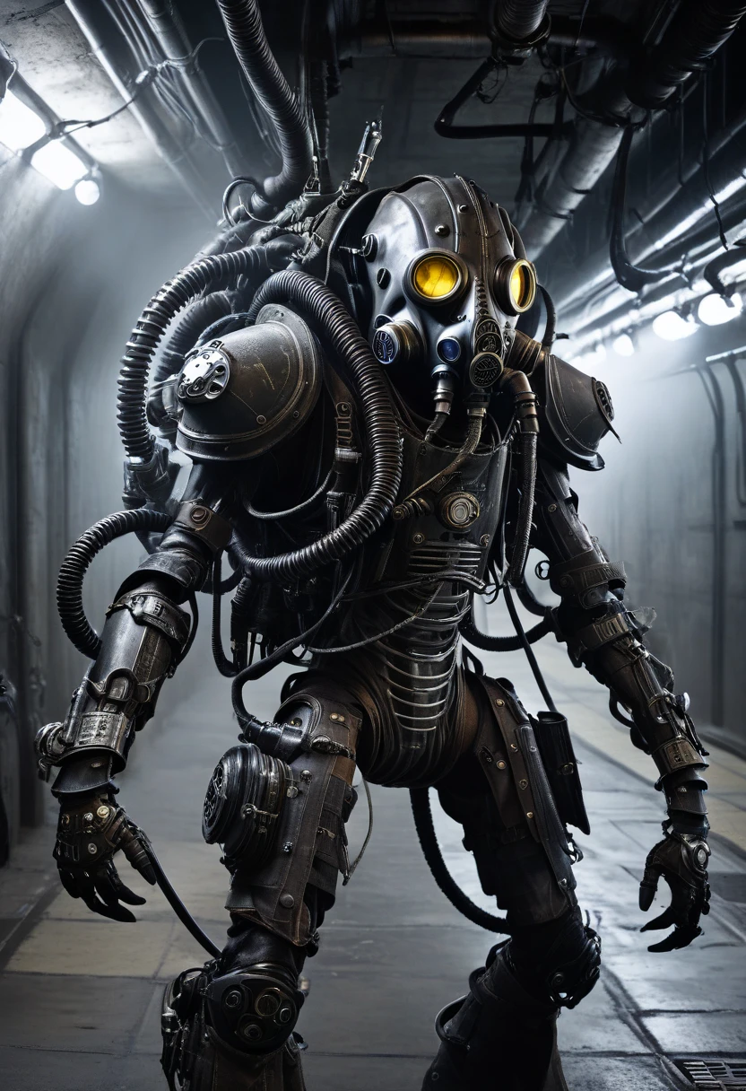 a biomechanical humanoid monster, full body shot, enormous, in the tunnel, gas mask, cables, arm cannon, pikes, mask, armor, weapon turrets, dark, gritty, cyberpunk, moody lighting, cinematic, unreal engine, 8k, photorealistic, highly detailed, hyper-realistic, intricate details, masterpiece