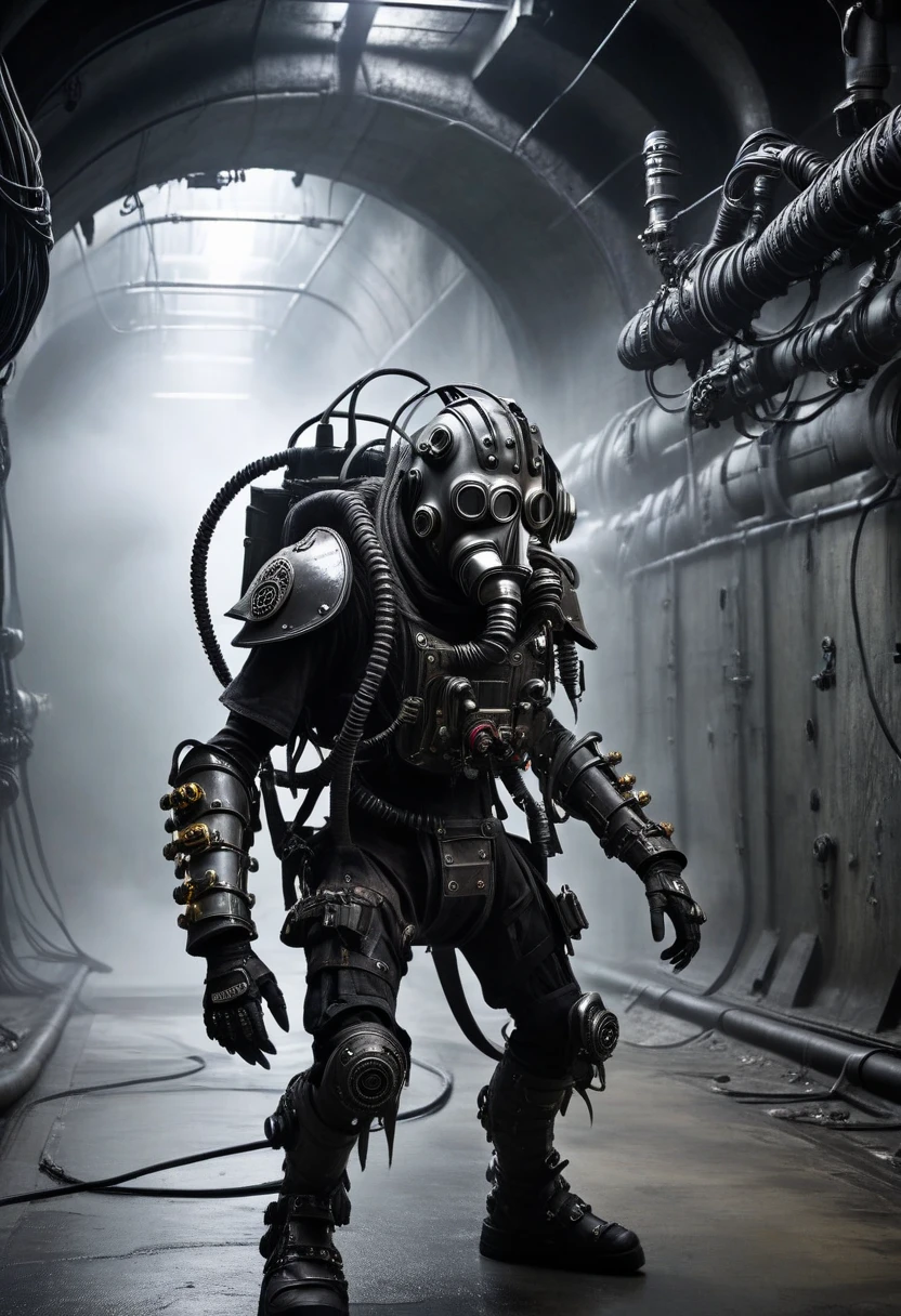 a biomechanical humanoid monster, full body shot, enormous, in the tunnel, gas mask, cables, arm cannon, pikes, mask, armor, weapon turrets, dark, gritty, cyberpunk, moody lighting, cinematic, unreal engine, 8k, photorealistic, highly detailed, hyper-realistic, intricate details, masterpiece