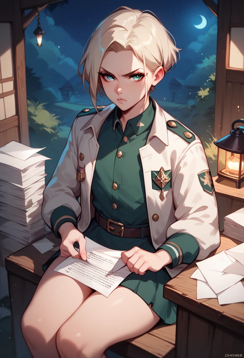 Femboy, old huter uniform (jacket), straight hair, sitting, writing in papers, in hunter house, night, serious expression