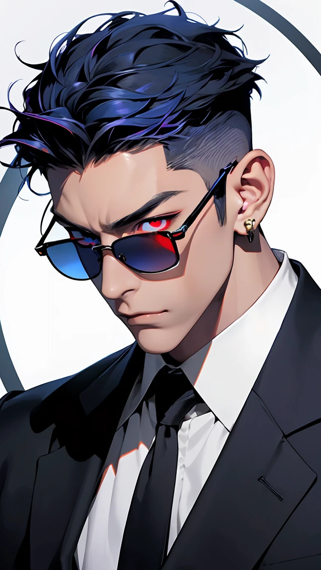 highest quality, 8K, high resolution image, anime style Jujutsu Kaisen, dark skin, (Cú Chulainn (Alter) | Fate | FGO ) detailed strokes, crazy look, piercing gaze, out of focus, purple light is reflected from it, 1 man, young, male, model, hand in pocket, cool guy, multicolored background with various geometric shapes, all around stickers, muscular, DARK BLUE HAIR, Dark Blue hair, red eyes, multicolored hair, blue hair, highlighted hair, Hairstyle: undercut, puffy chest, businessman, He is wearing an business suit with white shirt and a black suit trousers and a gold link chain sunglasses, Background: Room, fullbody view