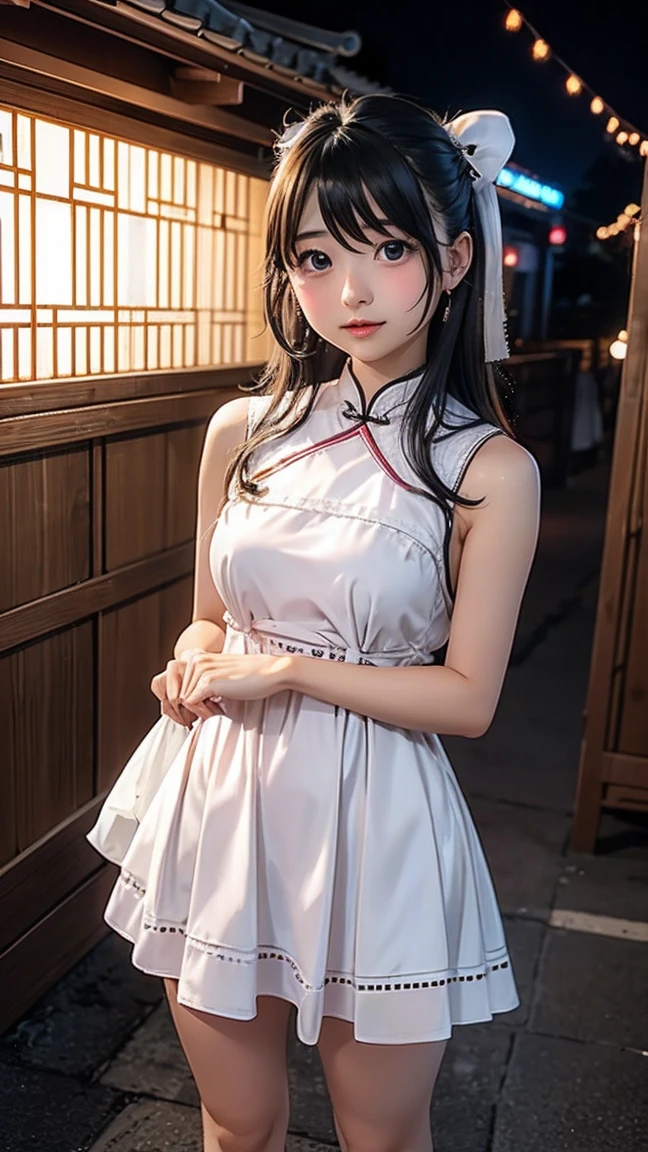 Chinese young girl wear white short dresses, black waivy hair, stand alone under Moonlight at Chinese festival