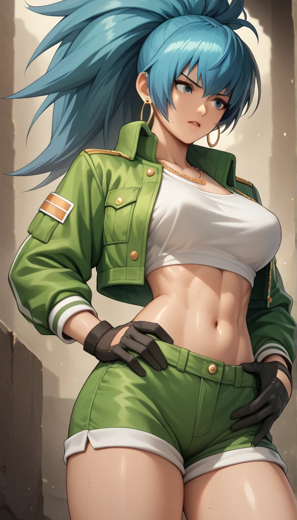 BREAK 1girl,cute,{{slender}},beautiful detailed breasts,shiny skin,{{{beautiful detailed breasts}}},{gleaming skin},{shiny skin},Sweat, BREAK 1girl,leonakofdg , green shorts, midriff, crop top, black gloves, military uniform, green jacket, earrings, jewelry,BREAK {{{best quality, very aesthetic, ultra-detailed, extremely detailed, perfect anatomy}}},sound effects,