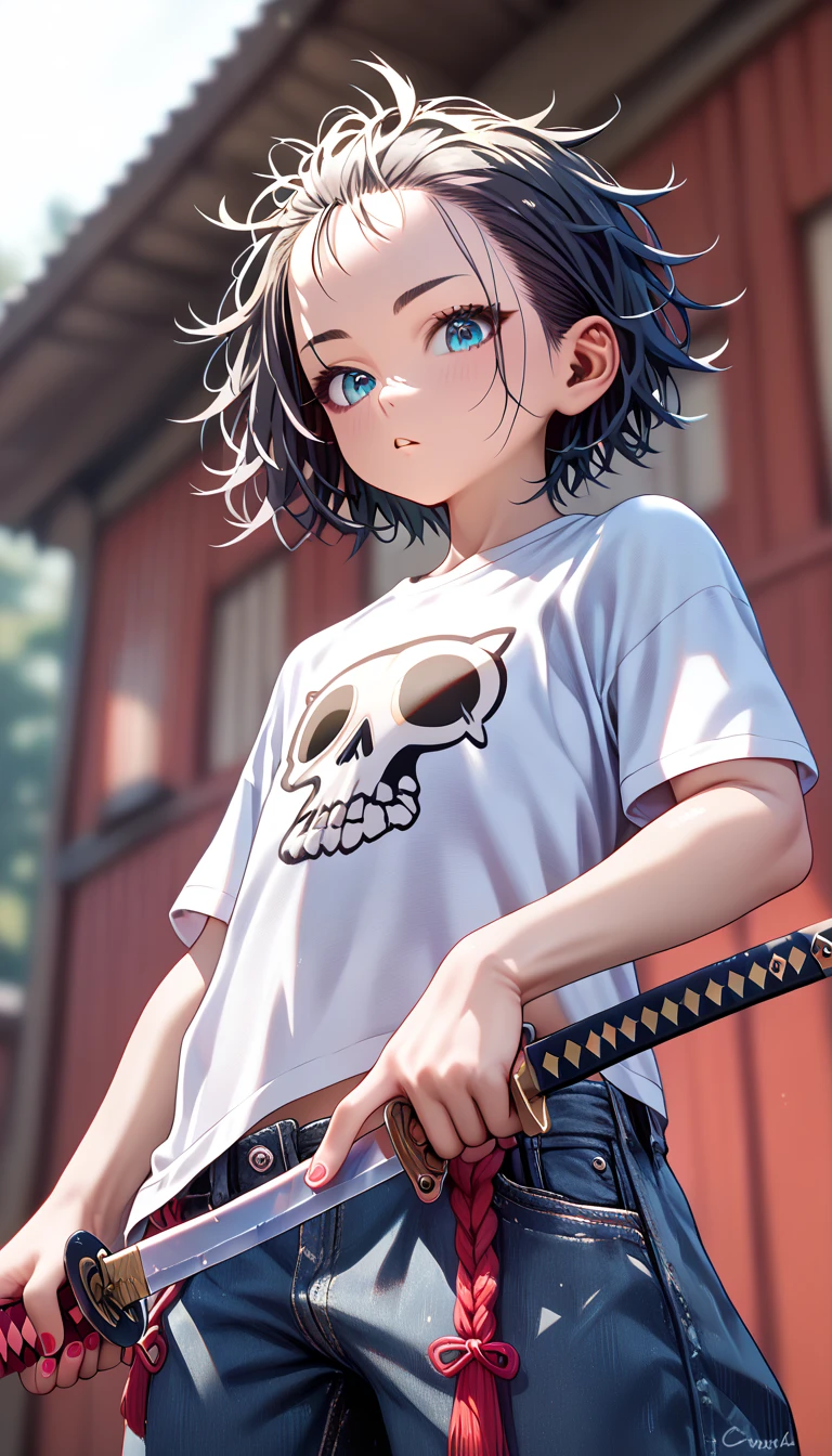 masterpiece, highest_quality, ultra_detailed, from_below, depth_of_field, (japanese_femboy, (black_hair, messy_hair, crew_cut, forehead_bangs, black_slant_eyes, close_set_low_eyebrows, large_ears), flat_chest, (skeleton_mask:1.5, oversized_t-shirts, wide_short_pants_over_skinny_pants, short_boots, hold_a_short_katana_in_the_right_hand, hold_a_handgun_in_the_left_hand):1.5, standing_pose), detailed_face, full_of_details