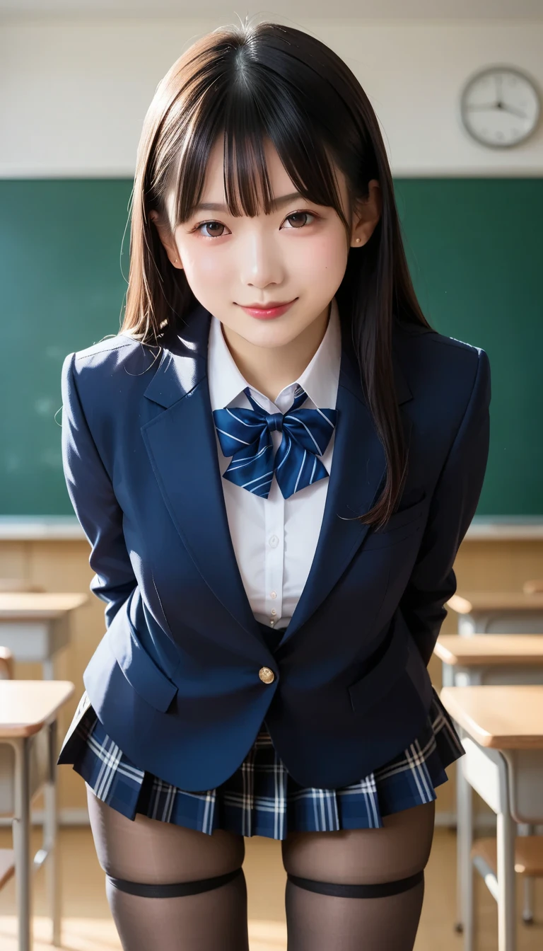 スコア_9, スコア_8_アップ, スコア_7_アップ, sアップer detailed, BREAK A breathtakingly beautiful Japanese woman with long, silky black hair, wearing a modern school uniform with a fitted blazer, short skirt, and tights. She has a radiant smile, stunning facial and eye details, and a confident yet graceful demeanor. She is posing in a classroom setting, leaning forward slightly with her hands placed behind her back, emphasizing her elegant posture. Her figure is curvaceous with a focus on her proportions, and the scene captures her in a dynamic position as she squats or does the splits. The atmosphere includes soft steam or light haze for added depth and realism. Ultra-high-definition, 32K resolution, masterpiece-level detail, Hausmo style.